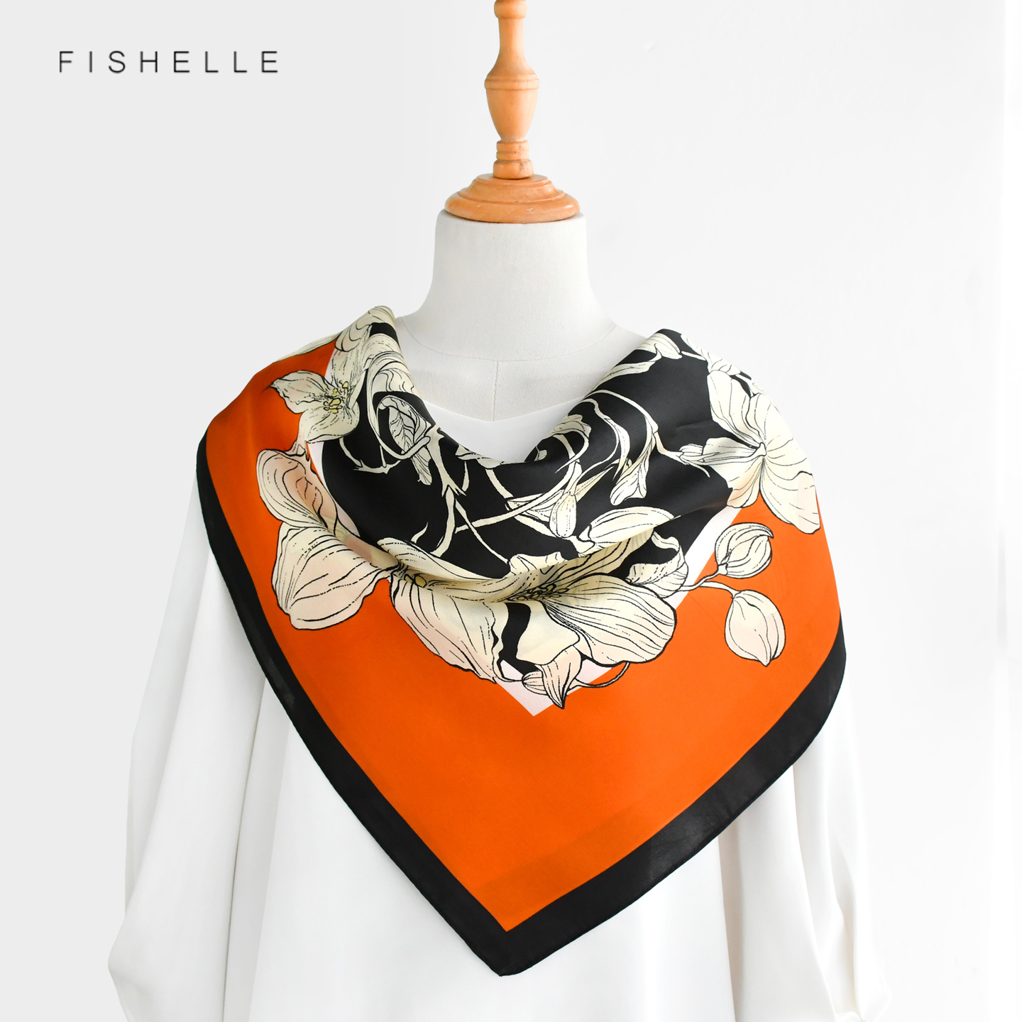 Orange Floral 100% Mulberry Si - Silk Neck Scarf 评论和价格
